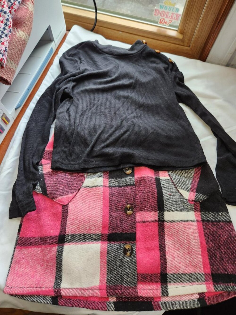 Girls Plaid Skirt Set Size 8Y Black Ribbed Top Pink Plaid Outfit